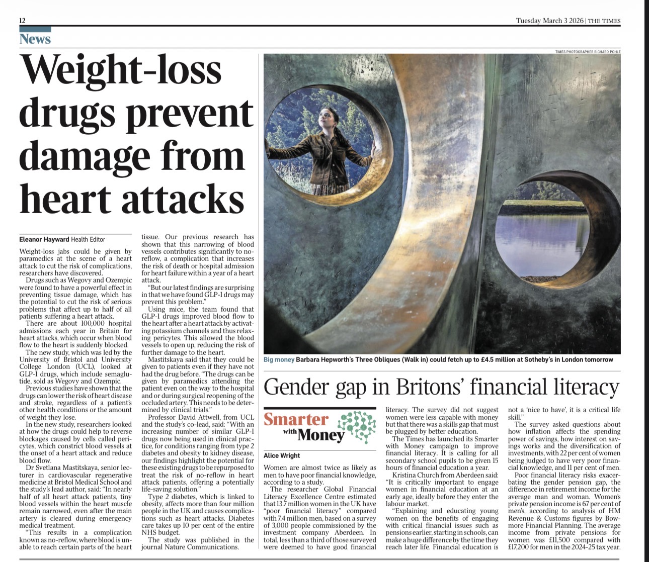 Newspaper page showing article on weight-loss drugs preventing damage from heart attacks
